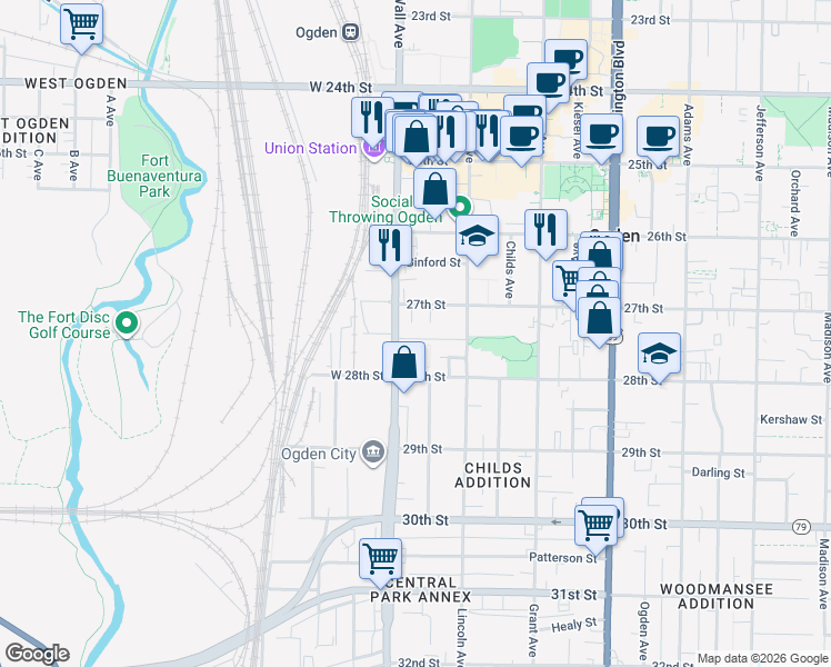 map of restaurants, bars, coffee shops, grocery stores, and more near 122 Doxey Street in Ogden