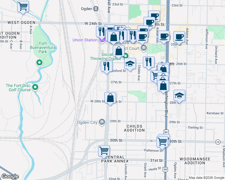 map of restaurants, bars, coffee shops, grocery stores, and more near 114 Doxey Street in Ogden