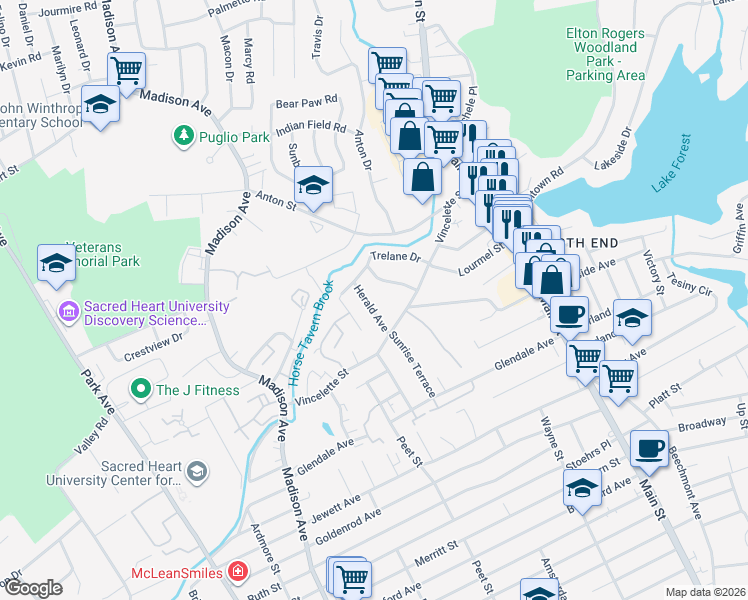 map of restaurants, bars, coffee shops, grocery stores, and more near 87 Herald Avenue in Bridgeport