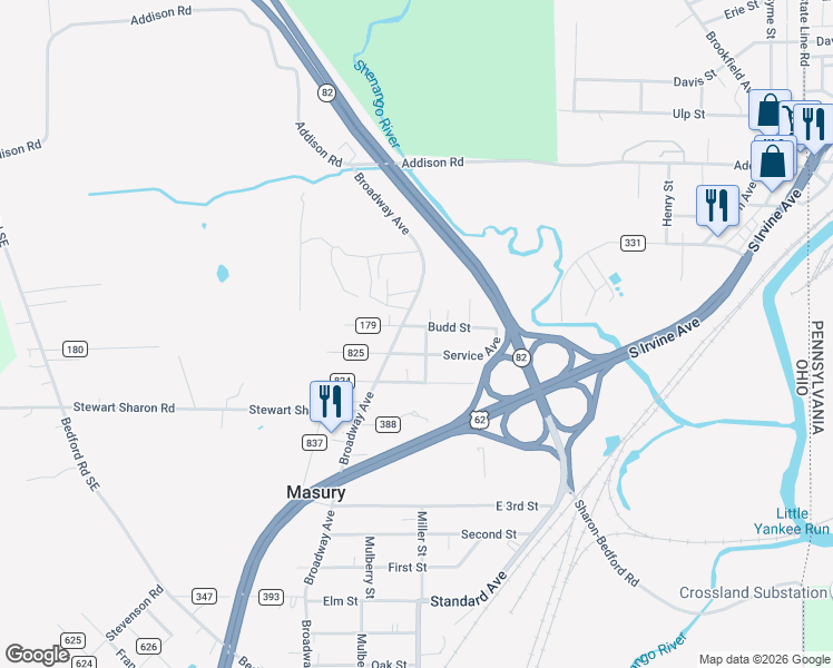 map of restaurants, bars, coffee shops, grocery stores, and more near 7893 Service Street in Masury