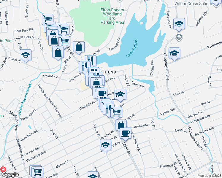 map of restaurants, bars, coffee shops, grocery stores, and more near 26 Fleet Street in Bridgeport