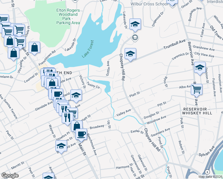 map of restaurants, bars, coffee shops, grocery stores, and more near 95 Overlook Avenue in Bridgeport