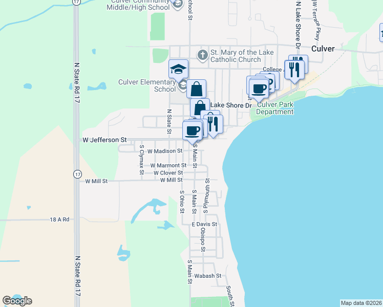 map of restaurants, bars, coffee shops, grocery stores, and more near 219 South Main Street in Culver