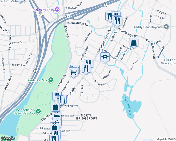 map of restaurants, bars, coffee shops, grocery stores, and more near 16 Nutmeg Road in Bridgeport