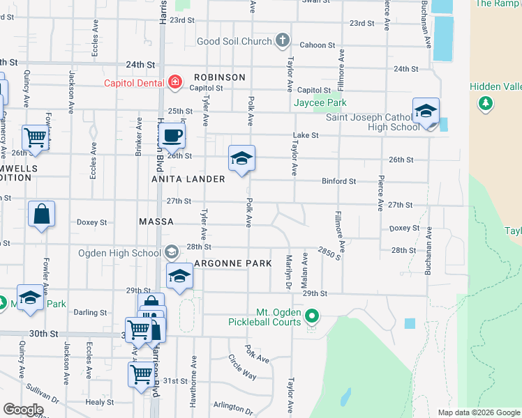 map of restaurants, bars, coffee shops, grocery stores, and more near 1420 Marilyn Drive in Ogden