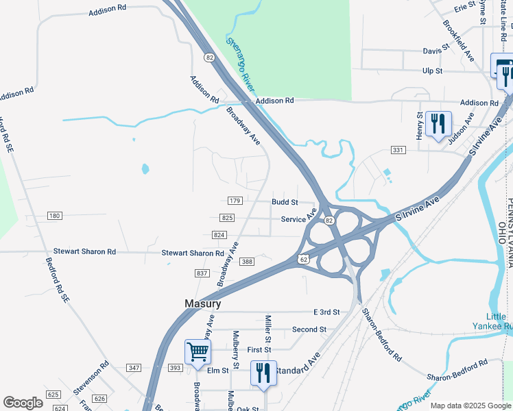 map of restaurants, bars, coffee shops, grocery stores, and more near 1036 Broadway Avenue in Masury