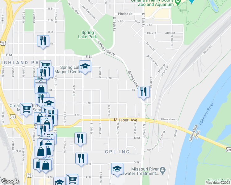map of restaurants, bars, coffee shops, grocery stores, and more near 4410 South 16th Street in Omaha