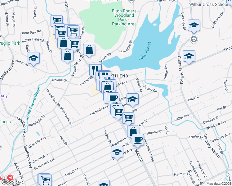 map of restaurants, bars, coffee shops, grocery stores, and more near 43 Hallock Street in Bridgeport