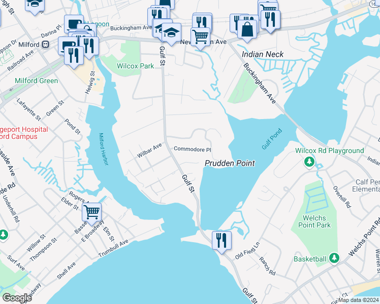 map of restaurants, bars, coffee shops, grocery stores, and more near 28 Driftwood Lane in Milford