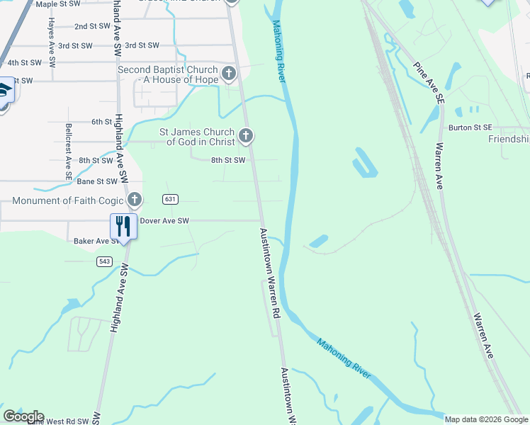 map of restaurants, bars, coffee shops, grocery stores, and more near 2137 Main Avenue Southwest in Warren