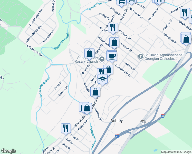 map of restaurants, bars, coffee shops, grocery stores, and more near 30 Ashley St in Ashley