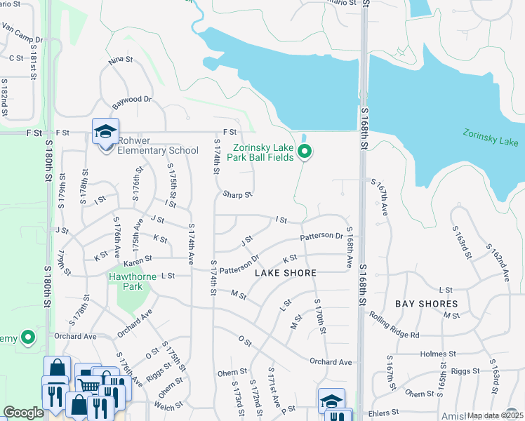 map of restaurants, bars, coffee shops, grocery stores, and more near 17104 J Street in Omaha