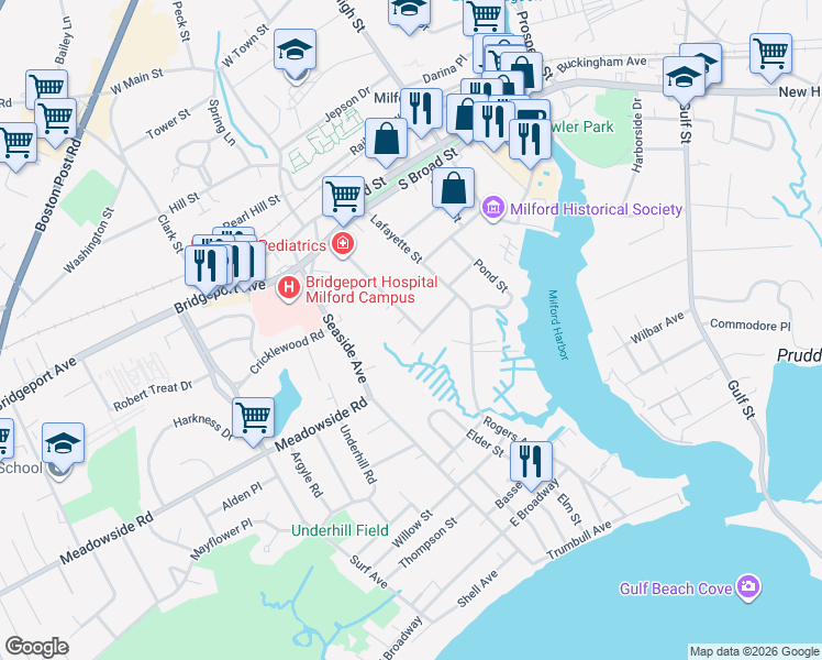 map of restaurants, bars, coffee shops, grocery stores, and more near 4 Noble Avenue in Milford