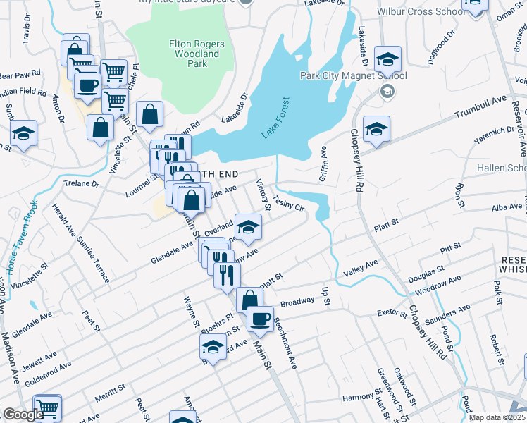 map of restaurants, bars, coffee shops, grocery stores, and more near 75 Overland Avenue in Bridgeport