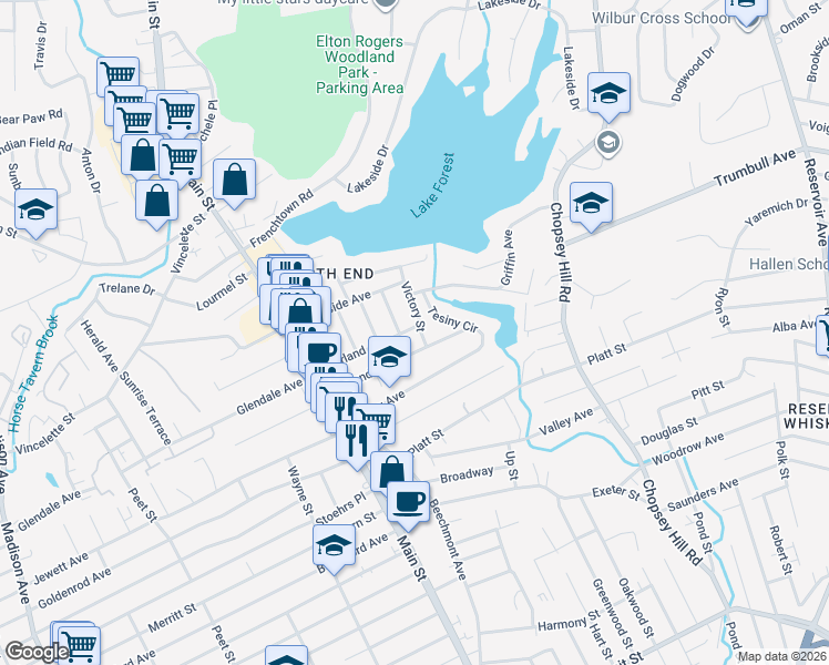 map of restaurants, bars, coffee shops, grocery stores, and more near 75 Overland Avenue in Bridgeport
