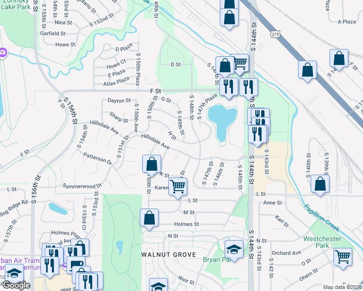 map of restaurants, bars, coffee shops, grocery stores, and more near 4356 South 149th Avenue Circle in Omaha