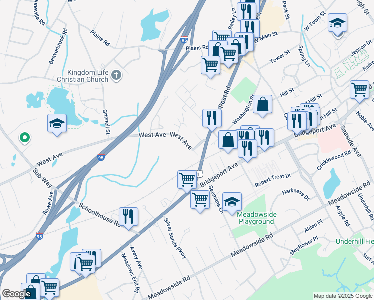 map of restaurants, bars, coffee shops, grocery stores, and more near 661 West Avenue in Milford