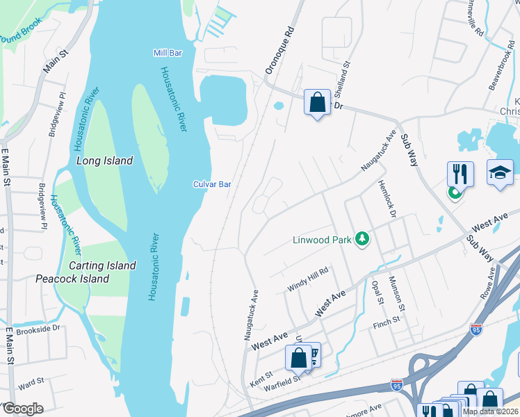 map of restaurants, bars, coffee shops, grocery stores, and more near 58 Greenview Lane in Milford