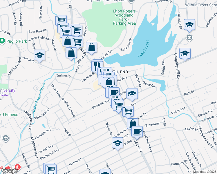 map of restaurants, bars, coffee shops, grocery stores, and more near 43 Hallock Street in Bridgeport