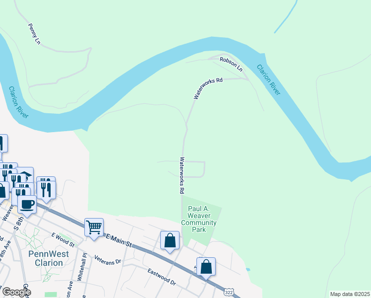 map of restaurants, bars, coffee shops, grocery stores, and more near 1-201 Steepleview Dr in Clarion