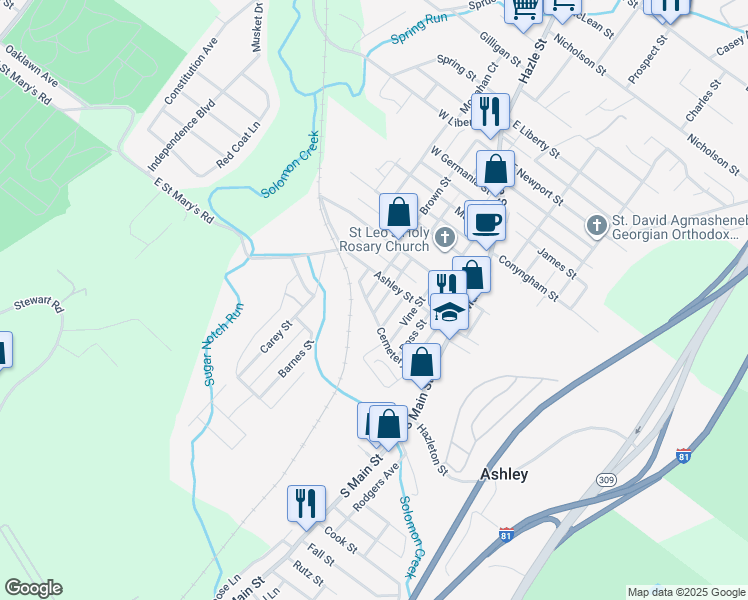 map of restaurants, bars, coffee shops, grocery stores, and more near 13 Timpson Street in Ashley