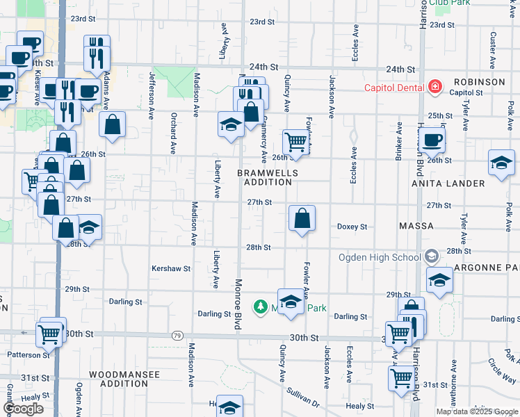 map of restaurants, bars, coffee shops, grocery stores, and more near 2737 Gramercy Avenue in Ogden