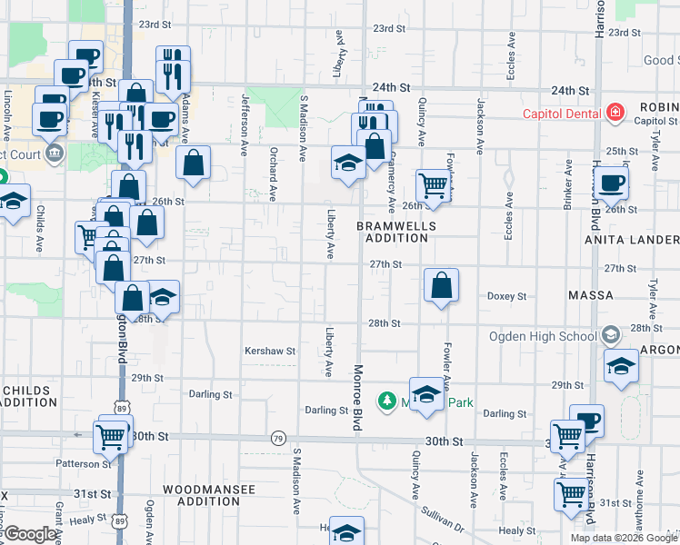 map of restaurants, bars, coffee shops, grocery stores, and more near 2731 Monroe Boulevard in Ogden