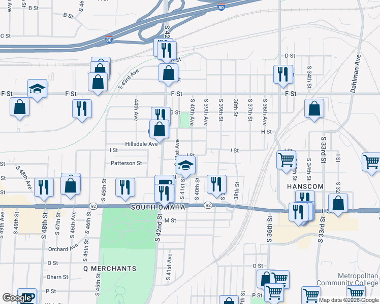 map of restaurants, bars, coffee shops, grocery stores, and more near 4406 South 41st Street in Omaha