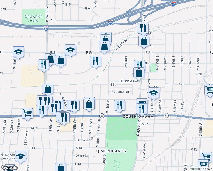 map of restaurants, bars, coffee shops, grocery stores, and more near 4419 South 46th Street in Omaha