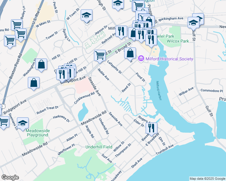 map of restaurants, bars, coffee shops, grocery stores, and more near 4 Noble Avenue in Milford