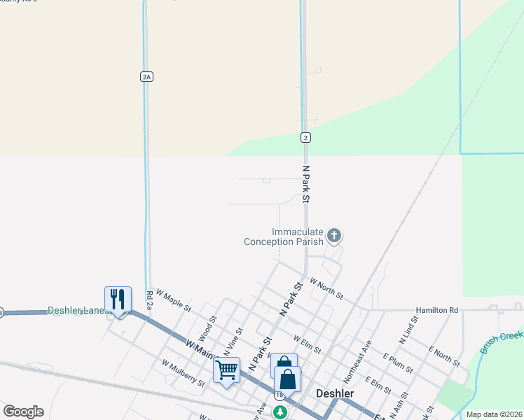 map of restaurants, bars, coffee shops, grocery stores, and more near 114 Meadow Lane in Deshler