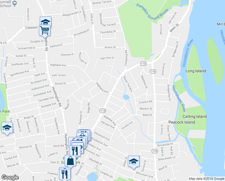 map of restaurants, bars, coffee shops, grocery stores, and more near 4199 Connecticut 113 in Stratford