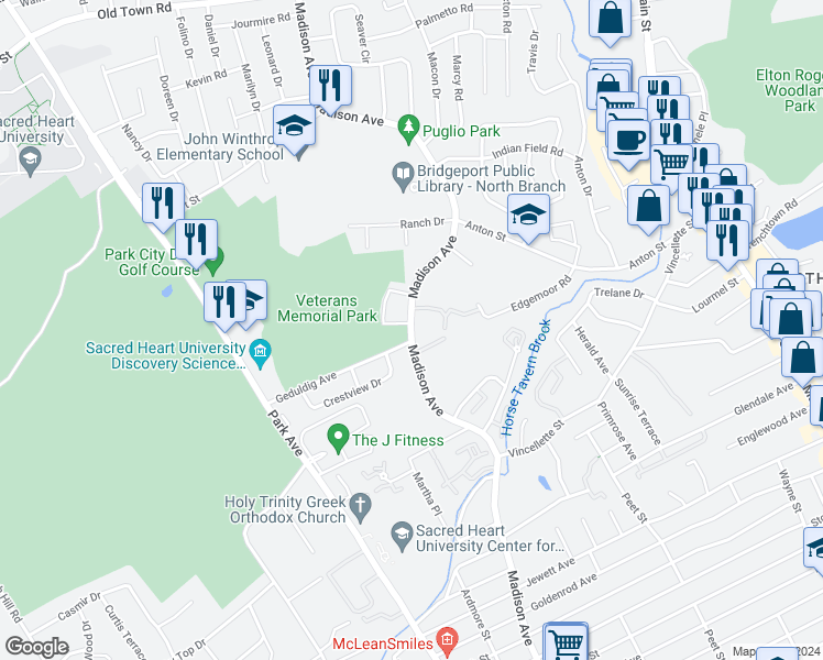 map of restaurants, bars, coffee shops, grocery stores, and more near 3100 Madison Avenue in Bridgeport