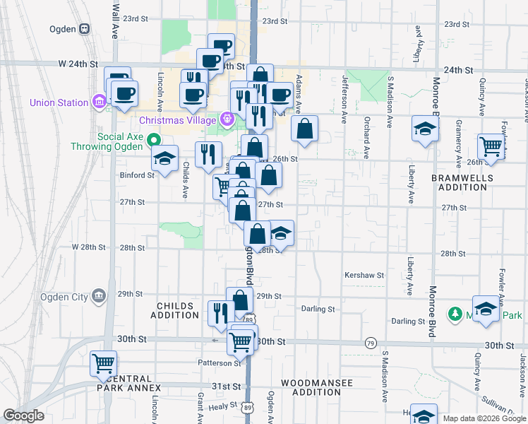 map of restaurants, bars, coffee shops, grocery stores, and more near 2730 Washington Boulevard in Ogden