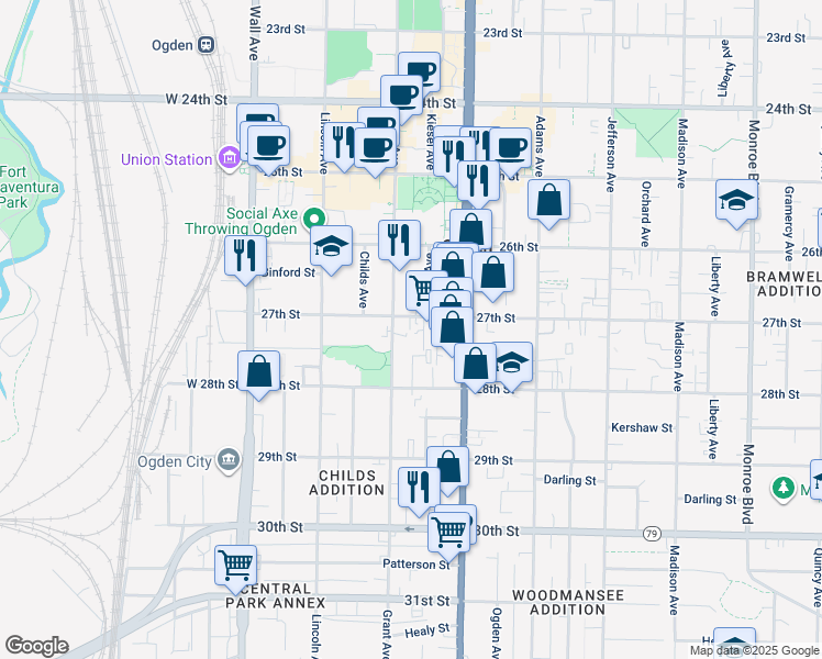 map of restaurants, bars, coffee shops, grocery stores, and more near 2740 Hunters Court in Ogden
