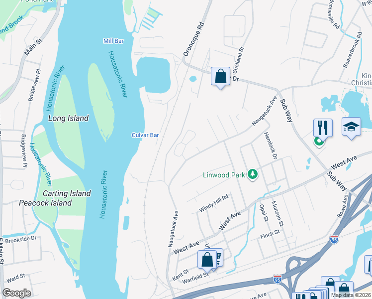 map of restaurants, bars, coffee shops, grocery stores, and more near 58 Greenview Lane in Milford