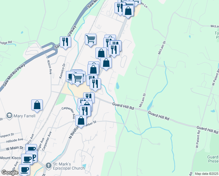 map of restaurants, bars, coffee shops, grocery stores, and more near 87 Park Drive in Mount Kisco
