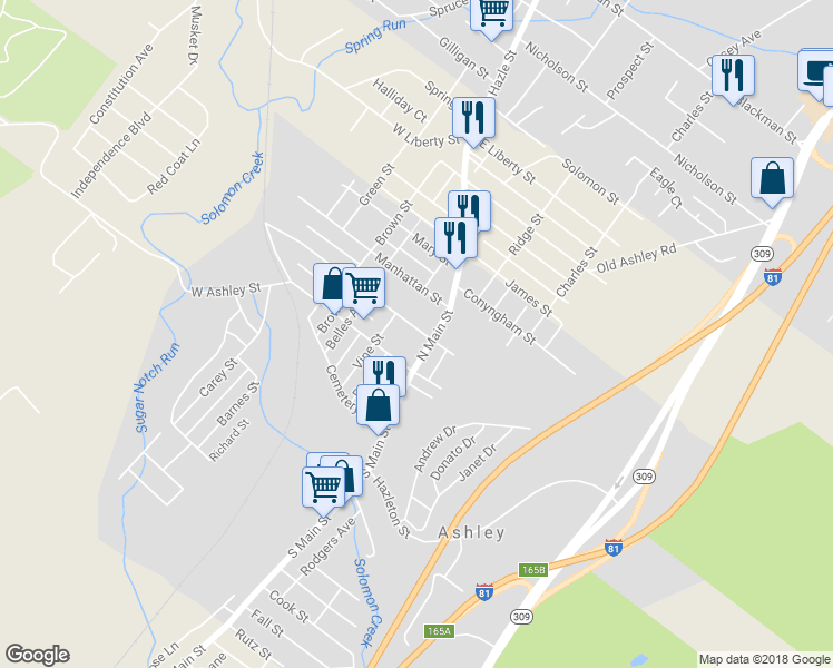 map of restaurants, bars, coffee shops, grocery stores, and more near 11 West Hartford Street in Wilkes-Barre