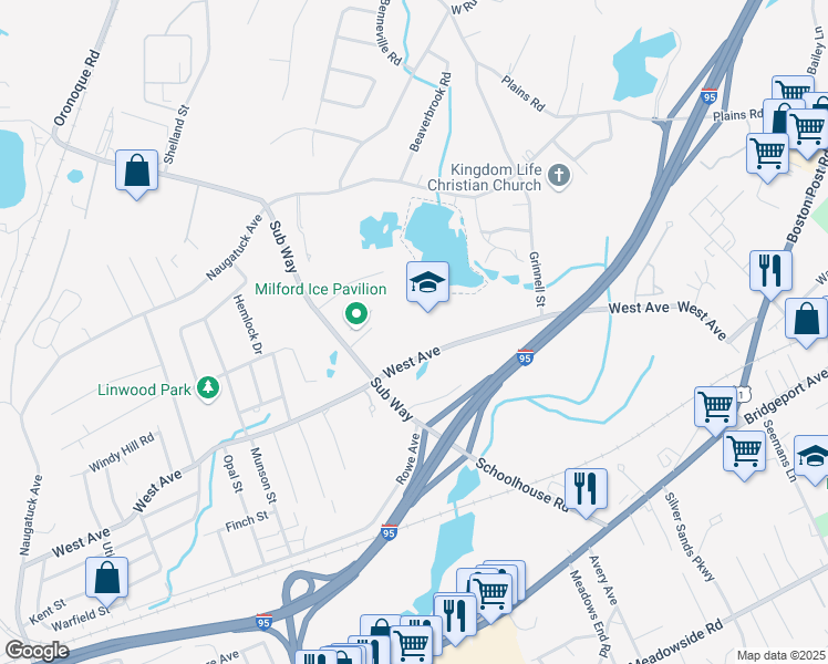 map of restaurants, bars, coffee shops, grocery stores, and more near 404 Sub Way by the City of Milford in Milford