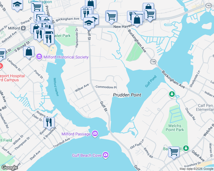 map of restaurants, bars, coffee shops, grocery stores, and more near 28 Driftwood Lane in Milford