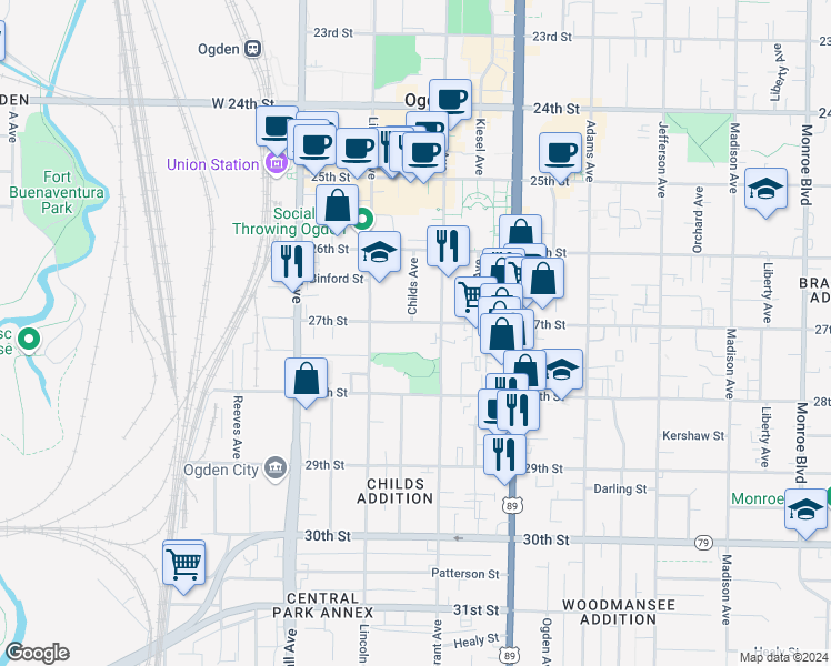 map of restaurants, bars, coffee shops, grocery stores, and more near 227 27th Street in Ogden