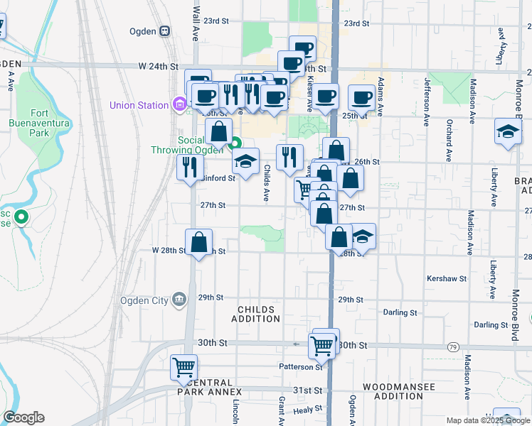 map of restaurants, bars, coffee shops, grocery stores, and more near 227 27th Street in Ogden