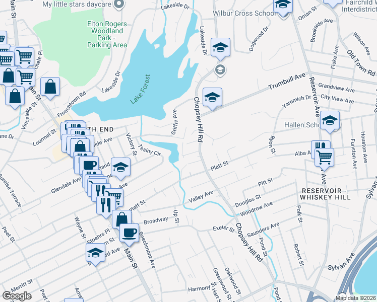 map of restaurants, bars, coffee shops, grocery stores, and more near 34 Agnes Street in Bridgeport