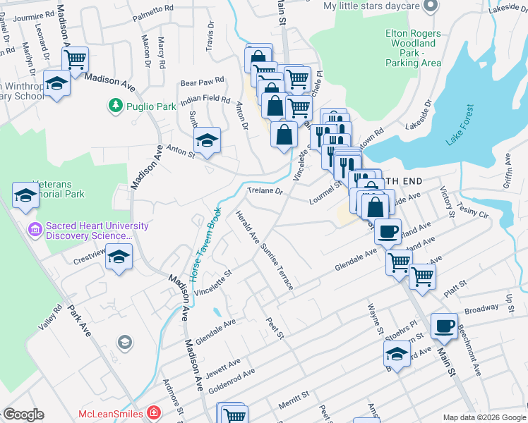 map of restaurants, bars, coffee shops, grocery stores, and more near 360 Vincellette Street in Bridgeport