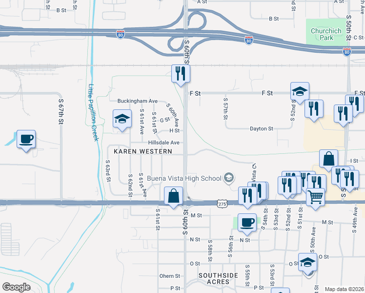 map of restaurants, bars, coffee shops, grocery stores, and more near 6003 Patterson Street in Omaha