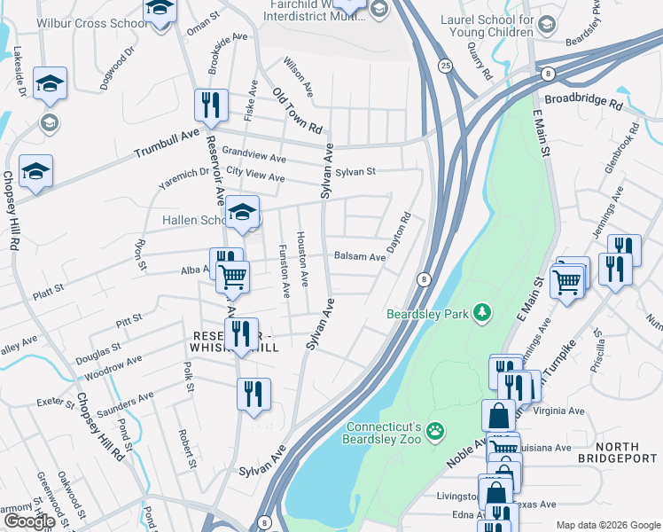map of restaurants, bars, coffee shops, grocery stores, and more near 70 Clifton Place in Bridgeport