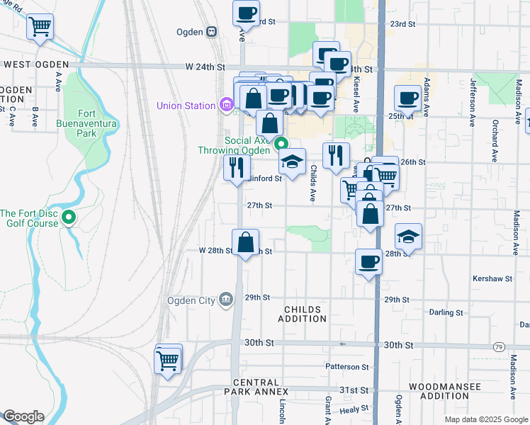 map of restaurants, bars, coffee shops, grocery stores, and more near 27 West Doxey Street in Ogden