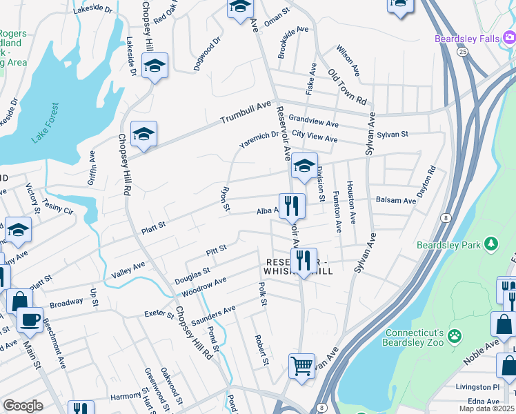map of restaurants, bars, coffee shops, grocery stores, and more near 94 Platt Street in Bridgeport