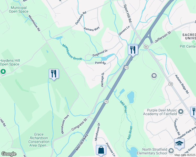 map of restaurants, bars, coffee shops, grocery stores, and more near 19 Heritage Drive in Easton