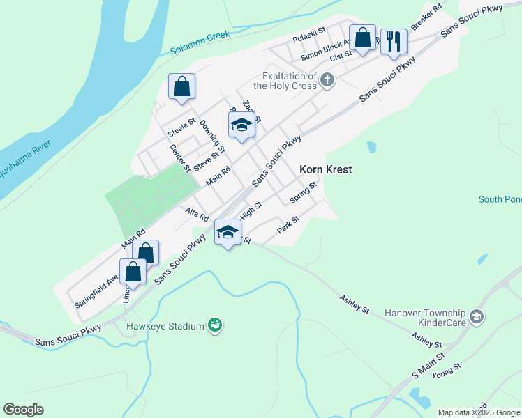 map of restaurants, bars, coffee shops, grocery stores, and more near 522 High Street in Wilkes-Barre